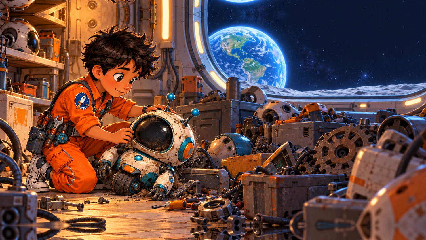 Ilustración de «El robot que quería ver las estrellas» (Animación 3D)